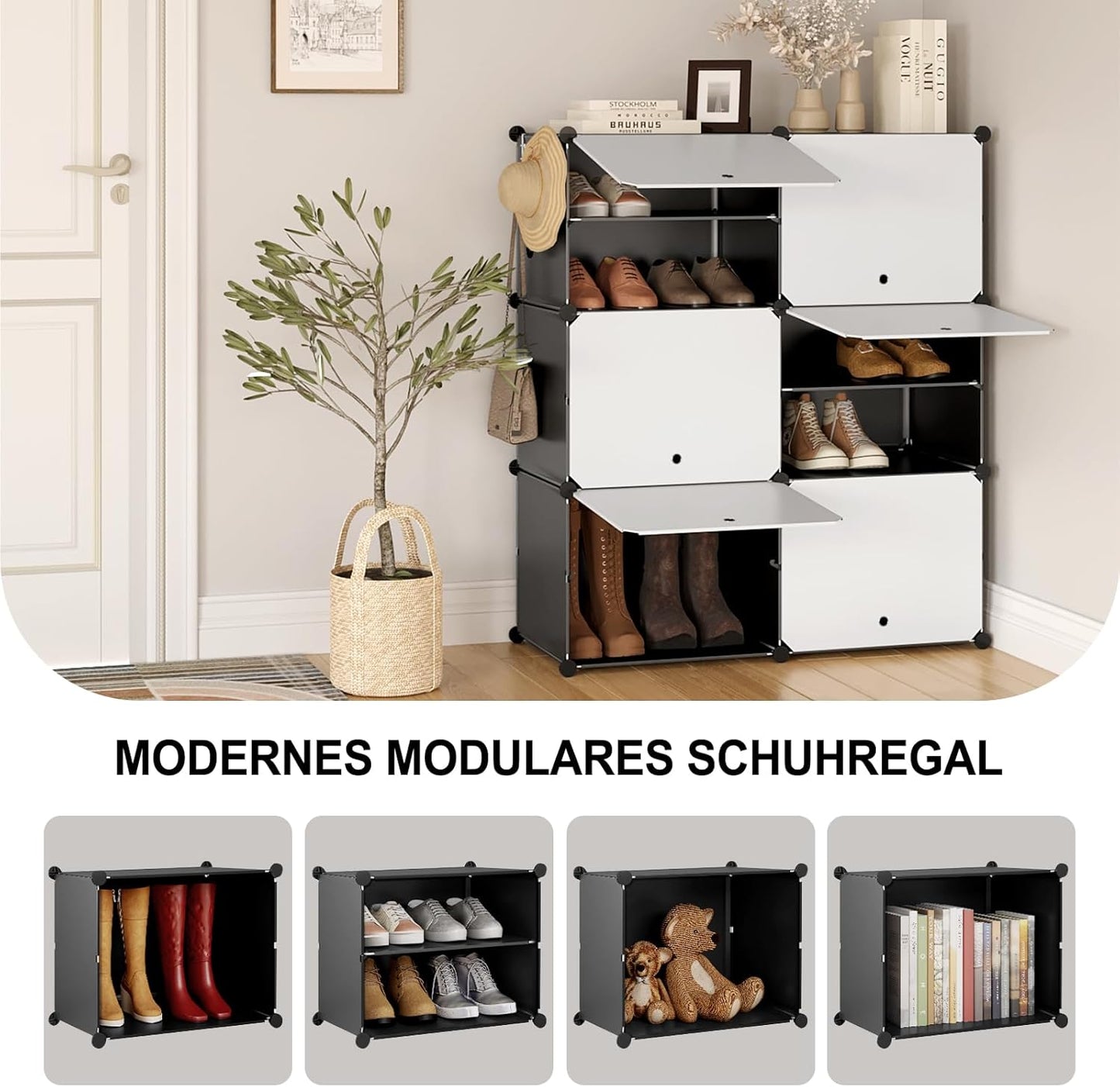 Woltu Schoenenrek met 6 Vakken - Opbergkast voor 24 Paar Schoenen - Wit/Zwart - 94 x 36,5 x 109 cm
