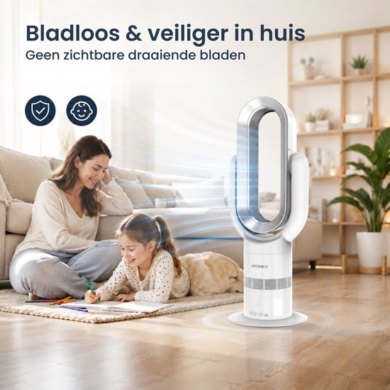 Aironex Swing Bladloze Ventilator met Verwarming – Ventilatorkachel – 2-in-1 Koelen & Verwarmen – 10 Standen – 71° Oscillatie – Afstandsbediening – Wit