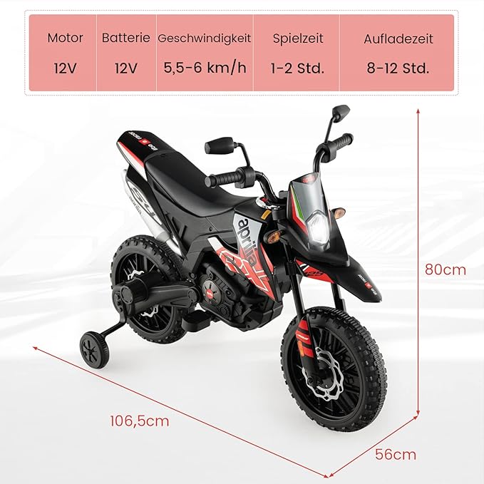 Coast Elektrische Motorfiets 12V voor Kinderen met 2 Zijwielen - 3-8 Jaar - Zwart/Rood