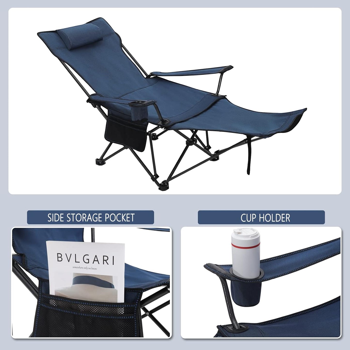 Woltu Campingstoel Set van 2 – Inklapbare Ligstoel met Voetensteun en Bekerhouder – 160 x 88,5 x 84 cm – Blauw