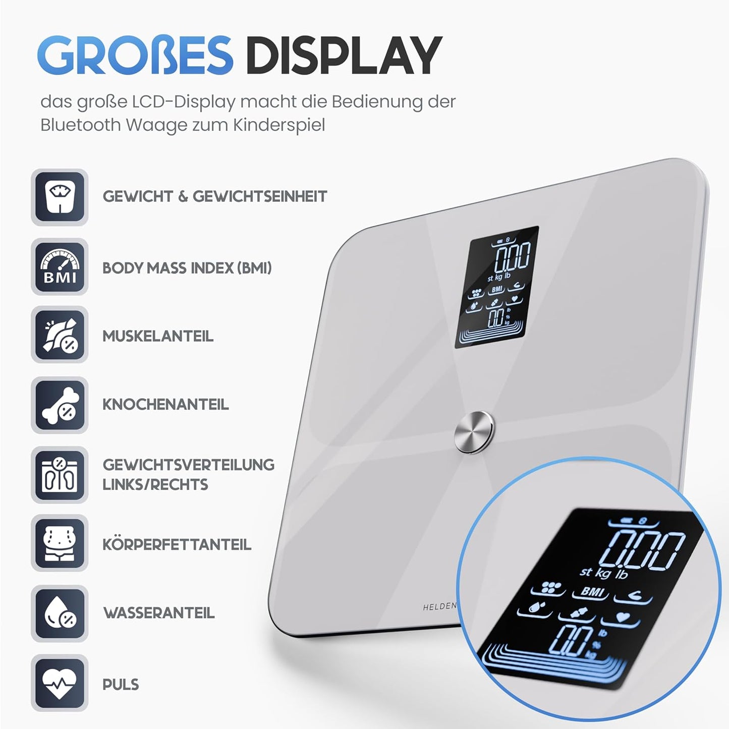 Heldenwerk Weegschaal - Digitaal - 180KG - Bluetooth - Grijs