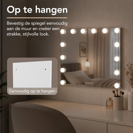 Lumirex Hollywood Spiegel 58x46 cm - Make-up Spiegel met Verlichting - 15 LED Lampen - Dimbaar - 3 Lichtkleuren - Smart Touch - Netstroom - Visagie Spiegel - Wit