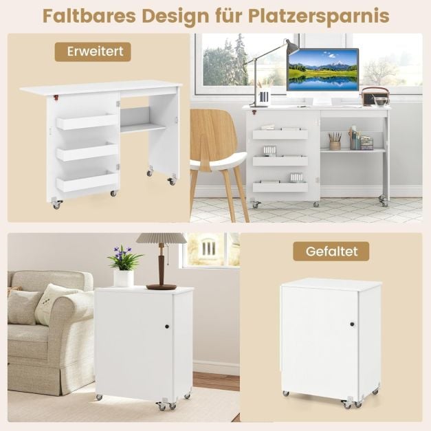 Coast Naaitafel Wit – Opvouwbare Hobbytafel op Wielen met Opbergruimte en 3 Verborgen Bakken – 118,5 x 40 x 79,5 cm