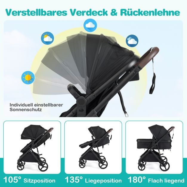 Coast 3-in-1 Kinderwagen – Omkeerbare Reiswieg – 59,5 x 74 x 112 cm – Zwart