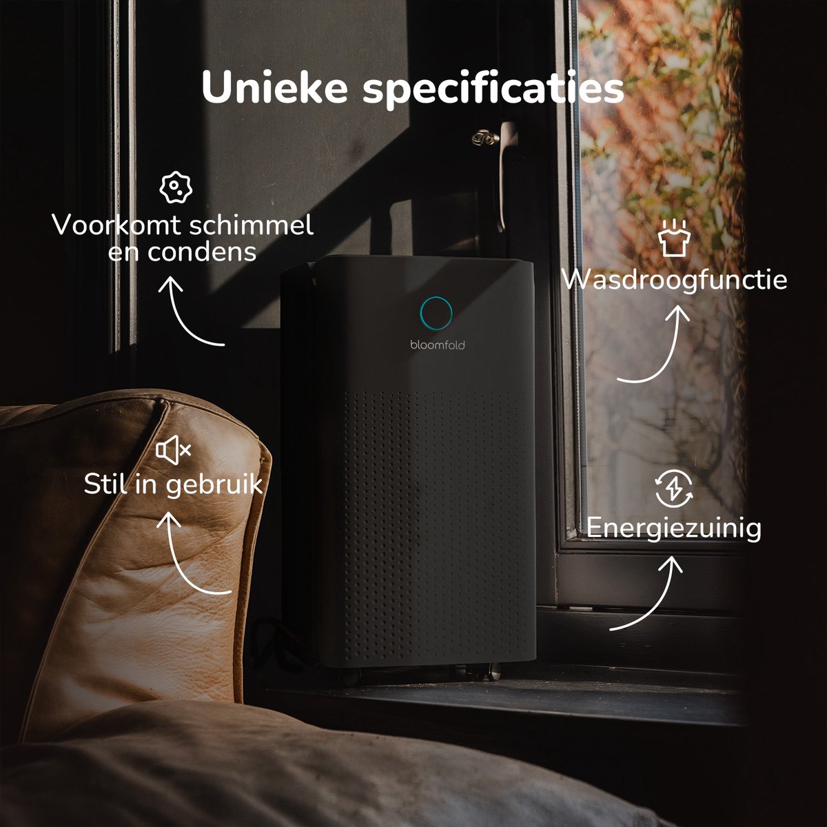 Bloomfold Luchtontvochtiger - 12L per Dag - Woonkamer, Slaapkamer, Kelder & Badkamer - Dehumidifier - Zwart