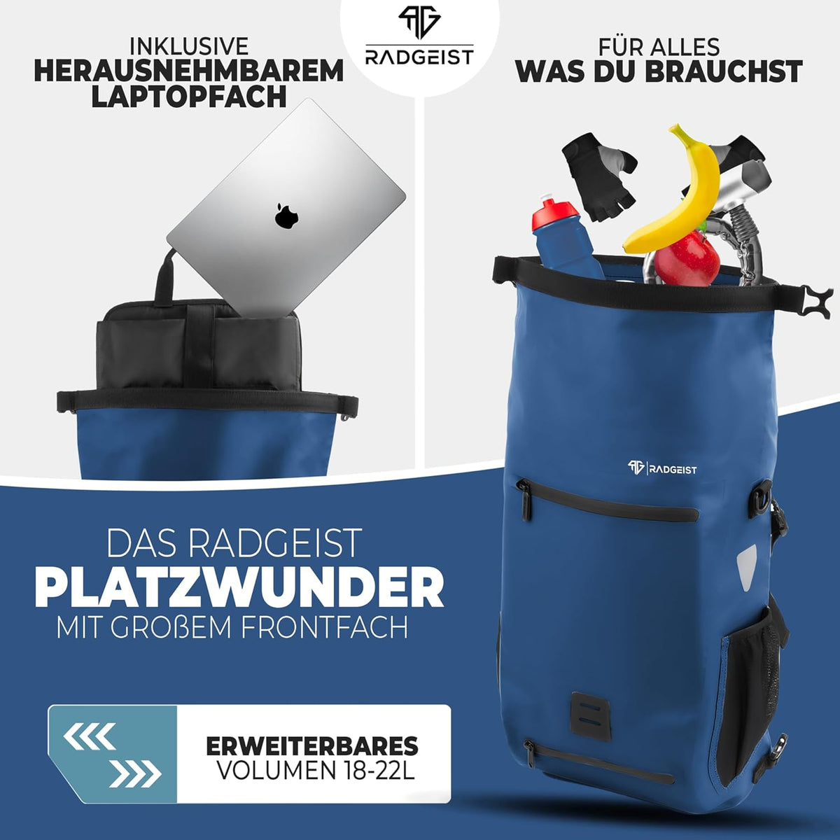 RADGEIST 3in1 fietstas voor bagagedrager I fietstas, rugzak & schoudertas 18-22L I tas voor fiets 100% waterdicht Blauw