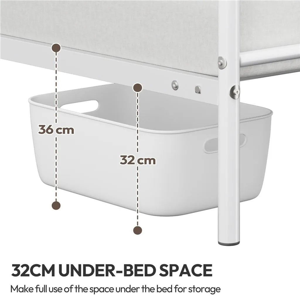 Yaheetech Bedframe 90 × 200 cm – Wit Metaal – Eenpersoonsbed met X-Design Hoofdbord, Lattenbodem en 32 cm Opbergruimte