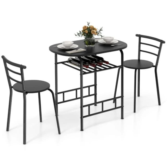 Coast Eettafelset Zwart – 3-Delige Bartafelset met 2 Stoelen en Wijnrek – Tafel 80 x 53 x 77 cm