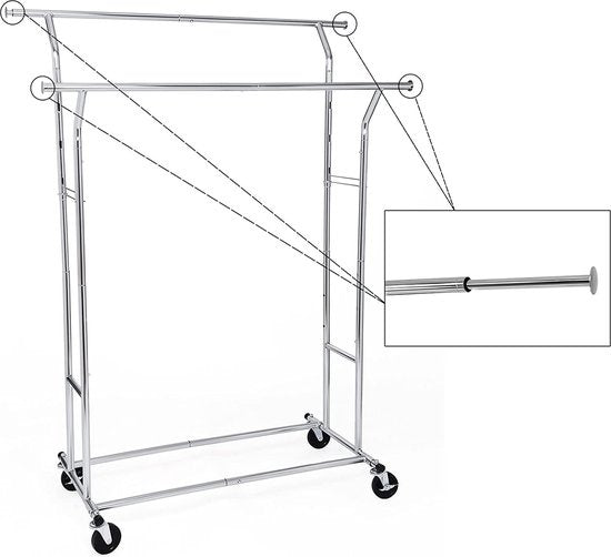 O'DADDY® Kledingrek - Garderoberek - Dubbele stang - Uitschuifbaar en Verstelbaar - Stabiel Ontwerp - 110 kg Draagcapaciteit - Metaal - Zilver