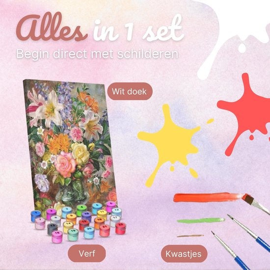 Rubye® Schilderen Op Nummer Volwassenen – Bloemen in Vaas – Inclusief Verf en Penselen – Canvas Schildersdoek – Kleuren op Nummer – 40x50cm
