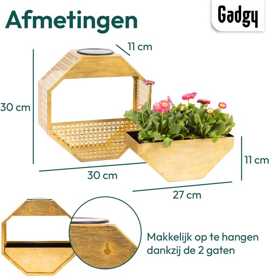 Gadgy Solar Gadgy Solar Wandlamp met Bloembak – Tuinverlichting op Zonneenergie – Buitenlamp met LED – 30x30 cm – Zwart Bloembak