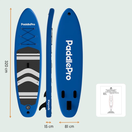 LifeGoods - PaddlePro SUP Board - met Zitje - Opblaasbaar Paddle Board - Complete Set - Max. 135KG - 320 x 81 cm - Blauw