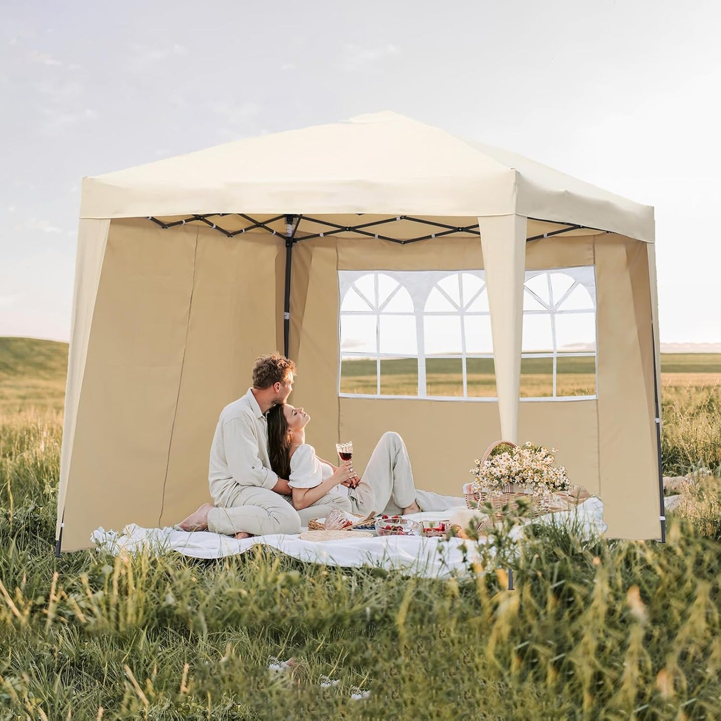 Angel Living Partytent - Easy Up - Met 2 Zijwanden - 250 x 250 x 250 cm - Beige