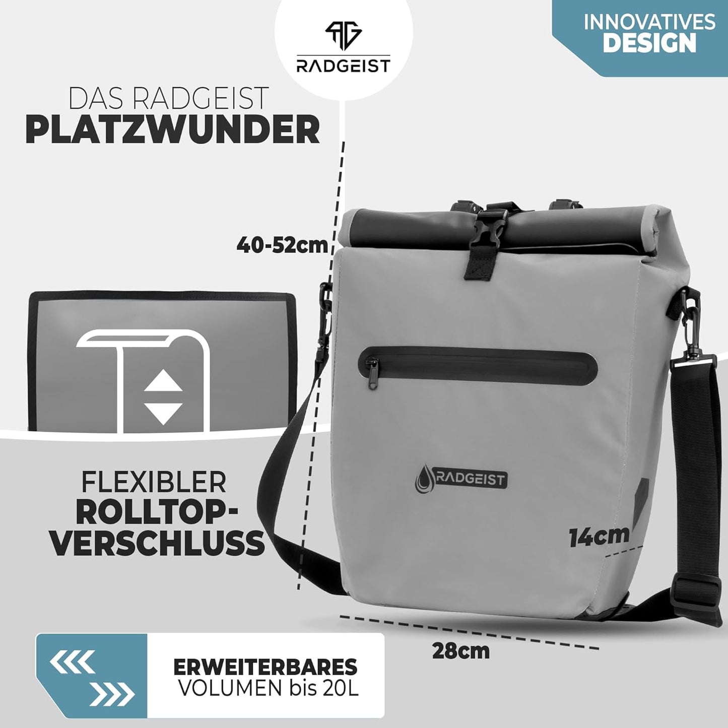 RADGEIST Fietstas voor bagagedrager - Tas voor fietsbagagedrager - Bagagedraagtas waterdichte schoudertas (Reflective 20L, Single)