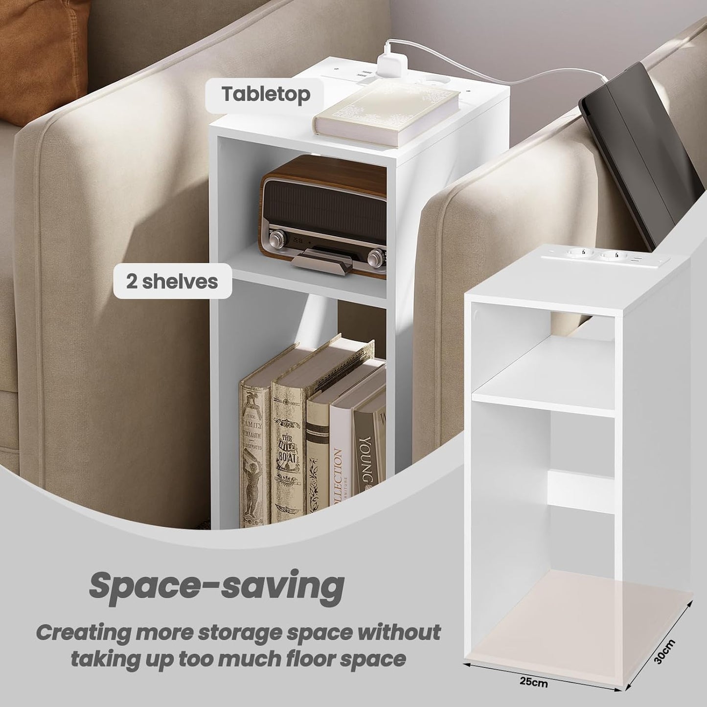Woltu 2x Nachtkastje met USB en Stopcontact – Wit – 25 x 30 x 60 cm – Compact en Modern Design
