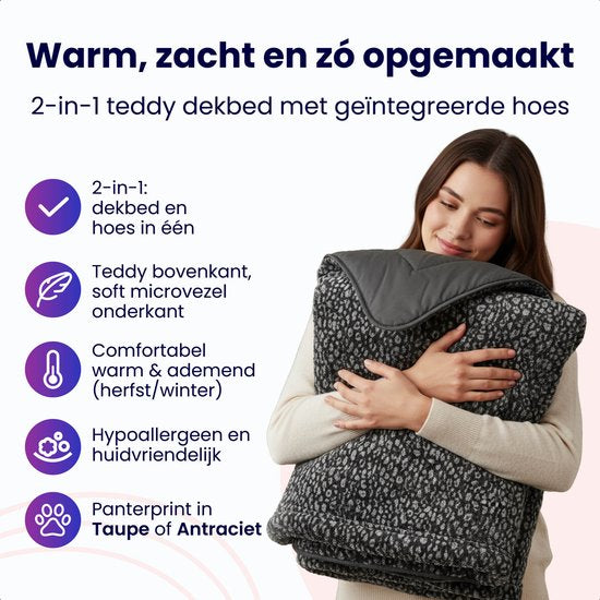 Soulsnooze Teddy Dekbed Panter Antraciet 240×220 - 2-in-1 Dekbed Zonder Overtrek - Wasbaar Dekbed zonder Hoes - Deken - Bedsprei - Fluffy Plaid