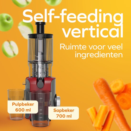 KitchenBrothers Slowjuicer - Verticaal - Juicer - Groenten en Fruitpers - 126 mm - 750 ml - Rood