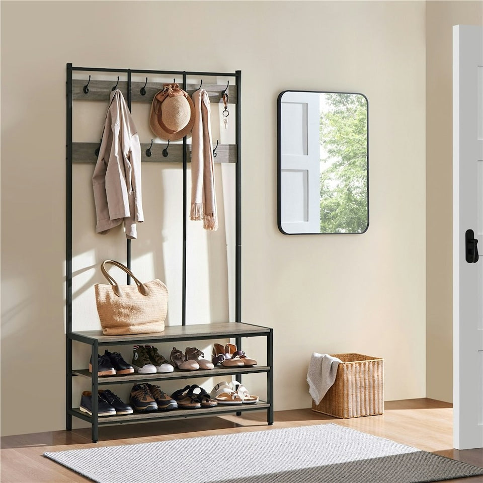 Yaheetech Industriële Kapstok met Schoenenrek en Bankje 100 x 35 x 185 cm - Grijs - Halmeubel met 24 Haken