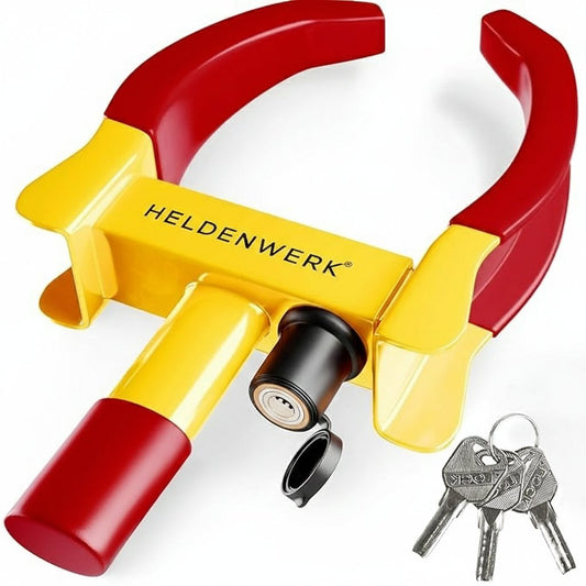 HELDENWERK – Parkklauw Wielklem met Veiligheidsslot – 48x25x7 cm – Voor 18-30 cm Bandbreedte met 3 Sleutels – Diefstalbeveiliging voor Camper & Auto – Geel & Rood Staal