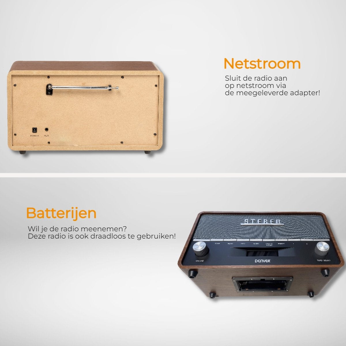 Denver DAB Radio XL - Retro Radio - Bluetooth - DAB+/ FM - Batterijen & Netstroom - DAB36 - Bruin