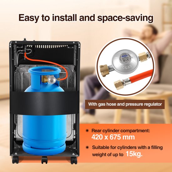 Gasverwarming 4,2 KW gaskachel opvouwbare gaskachel inclusief oververhittingsbeveiliging en kantelbeveiliging, piëzo-ontsteker, 306 g/h gasverbruik