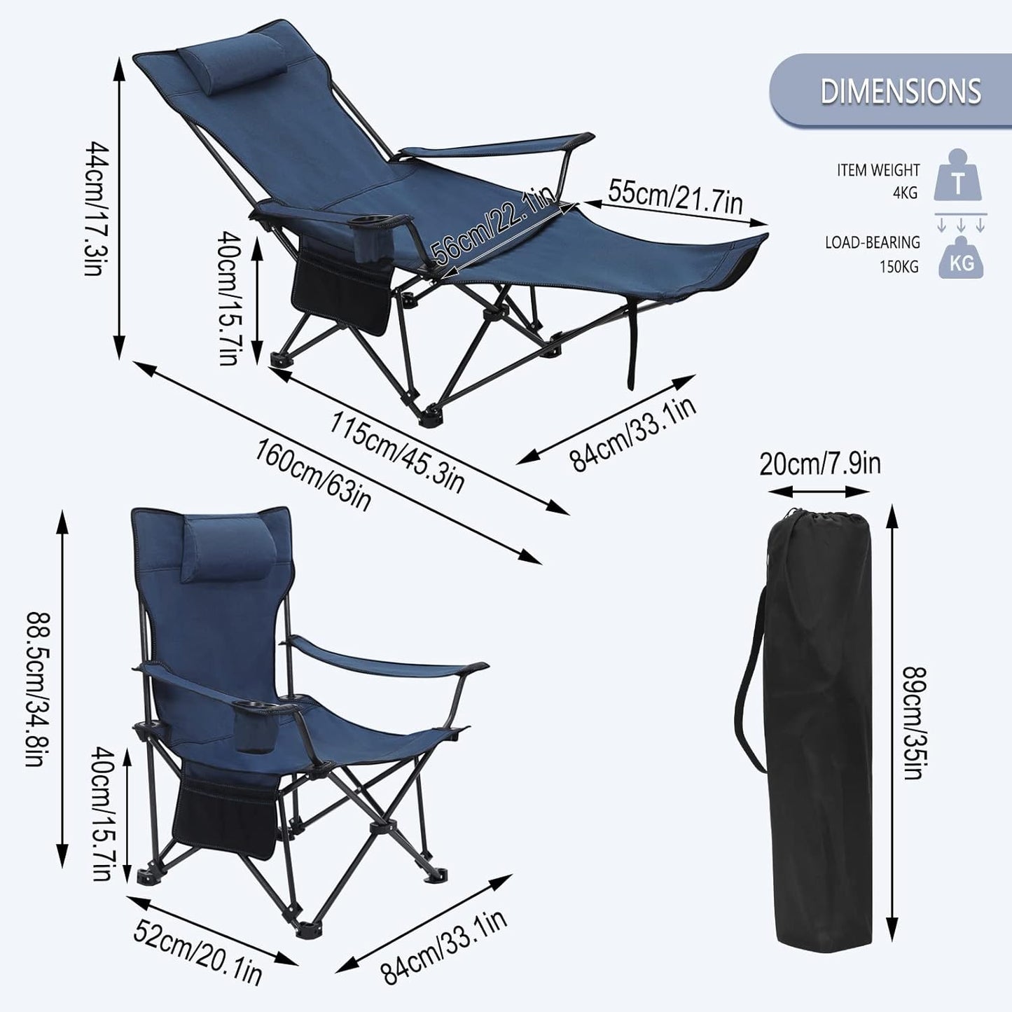 Woltu Campingstoel Set van 2 – Inklapbare Ligstoel met Voetensteun en Bekerhouder – 160 x 88,5 x 84 cm – Blauw