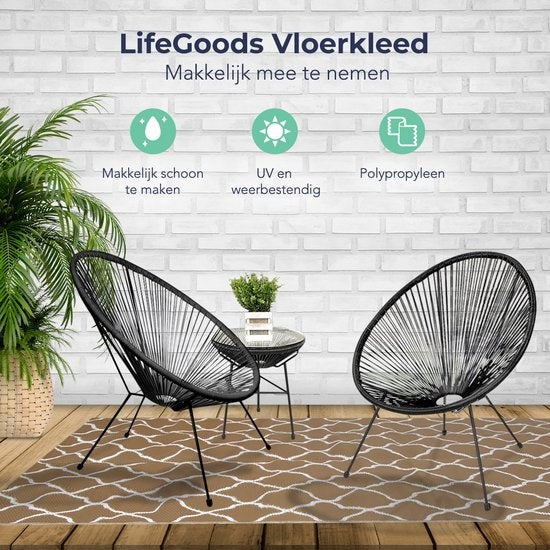 LifeGoods Buitenkleed - 120x180CM - Vloerkleed - Tuintapijt - Omkeerbaar - Incl. Draagtas - Met Patroon - Beige/Wit