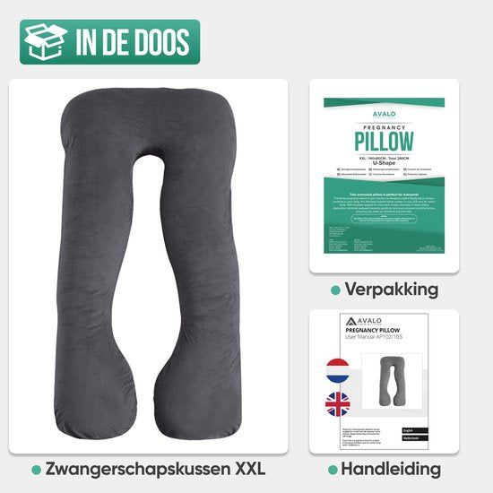 Avalo Zwangerschapskussen XXL 280 cm - U-Vorm Voedingskussen & Zijslaapkussen - Body Pillow - Lichaamskussen - Donkergrijs