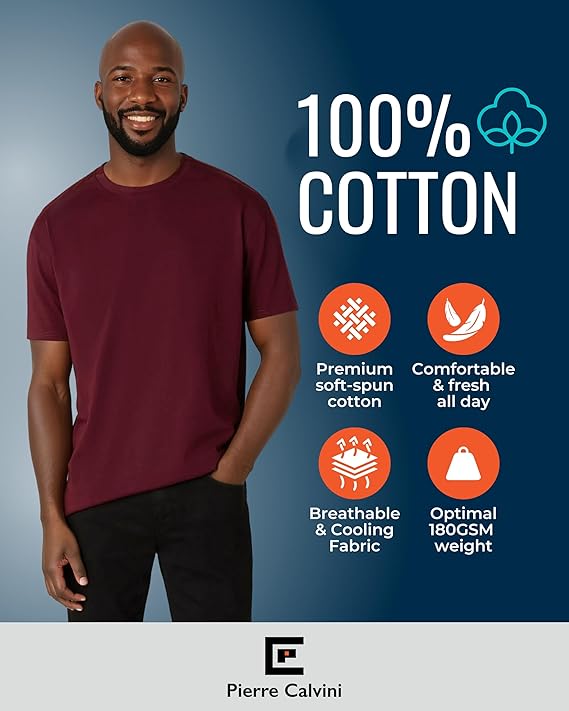 Pierre Calvini – Heren T-Shirt Multipack 3/5 stuks – 100% Katoen – Regular Fit – Korte Mouwen – Crew Neck – Premium Gewicht – Navy / Burgundy / Olive – Maat L