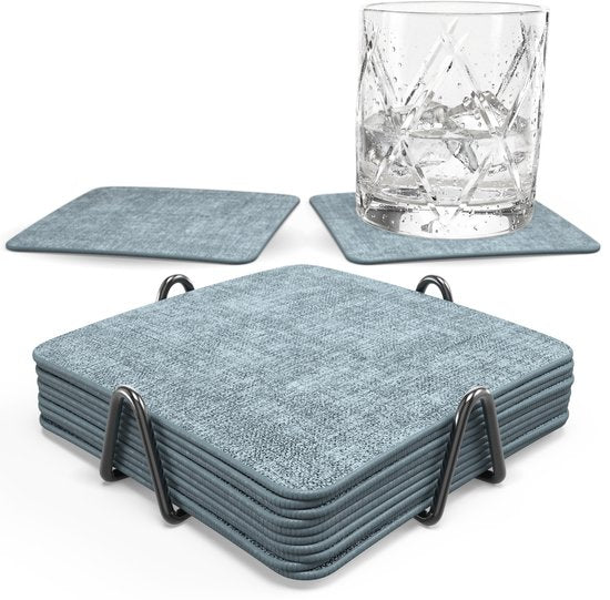 Castagnola Kunstlederen Onderzetters – Onderzetters voor Glazen – Design Onderzetters met Houder – Leren Onderzettersset met metalen houder – Leder – Set van 10 - Gemêleerd Blauw - 10x10cm