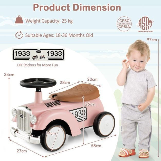 Retro Kinderspeelauto Functioneel Stuur Opbergruimte Onder de Stoel Grote EVA Wielen Loopauto op Vloerhoogte met Leuke Stickers Roze