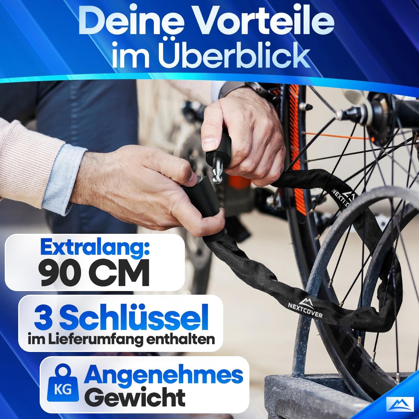 NEXTCOVER® Fietsslot LockOne met sleutel I - [VEILIG] Fietsslot hoge veiligheid I robuust & duurzaam kettingslot fiets I Fietsslot, fietsslot 3 sleutels