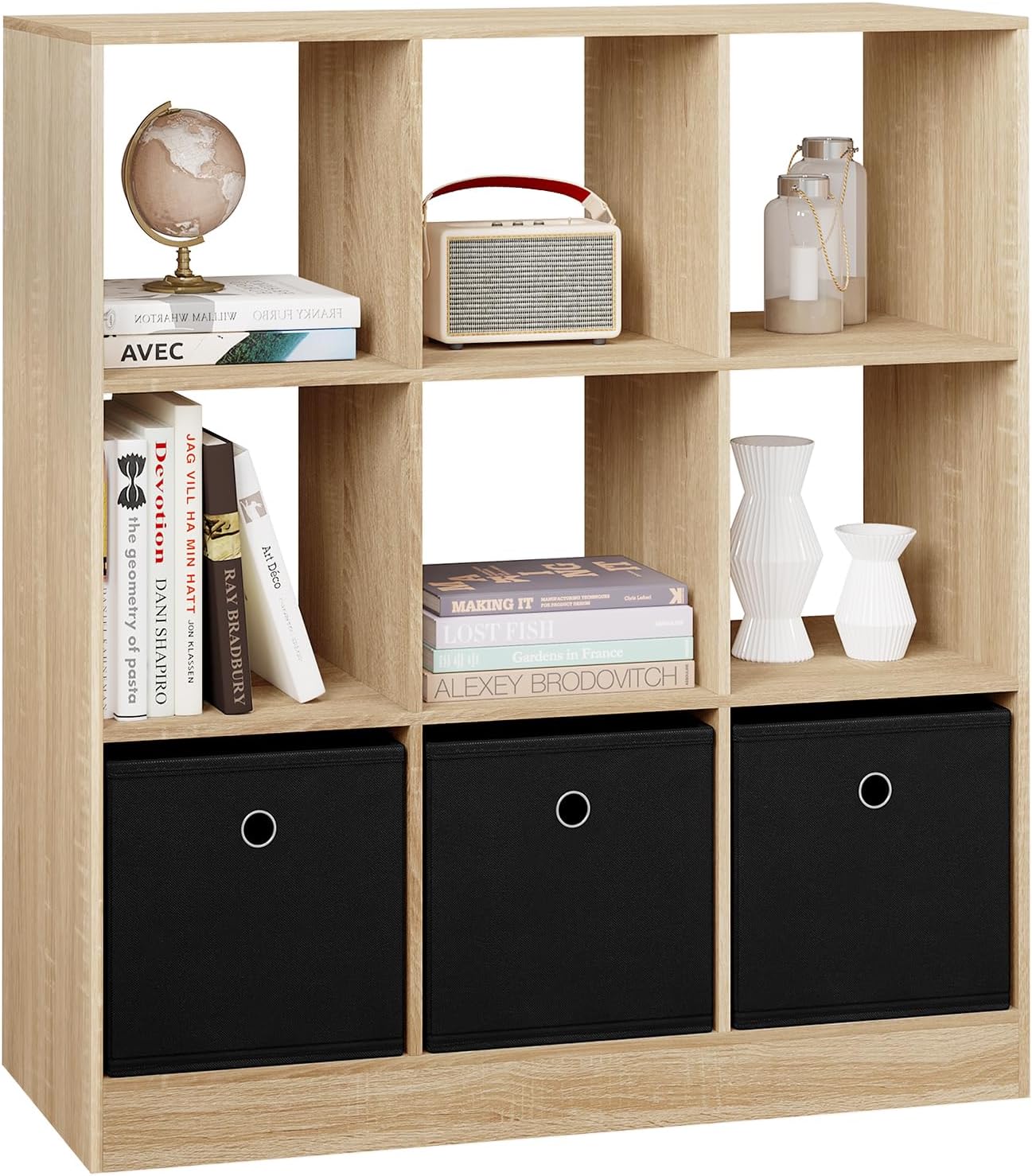 Woltu Boekenkast 9 Vakken met 3 Stoffen Lades - Melaminehout Licht Eiken - 80x30x86,5 cm