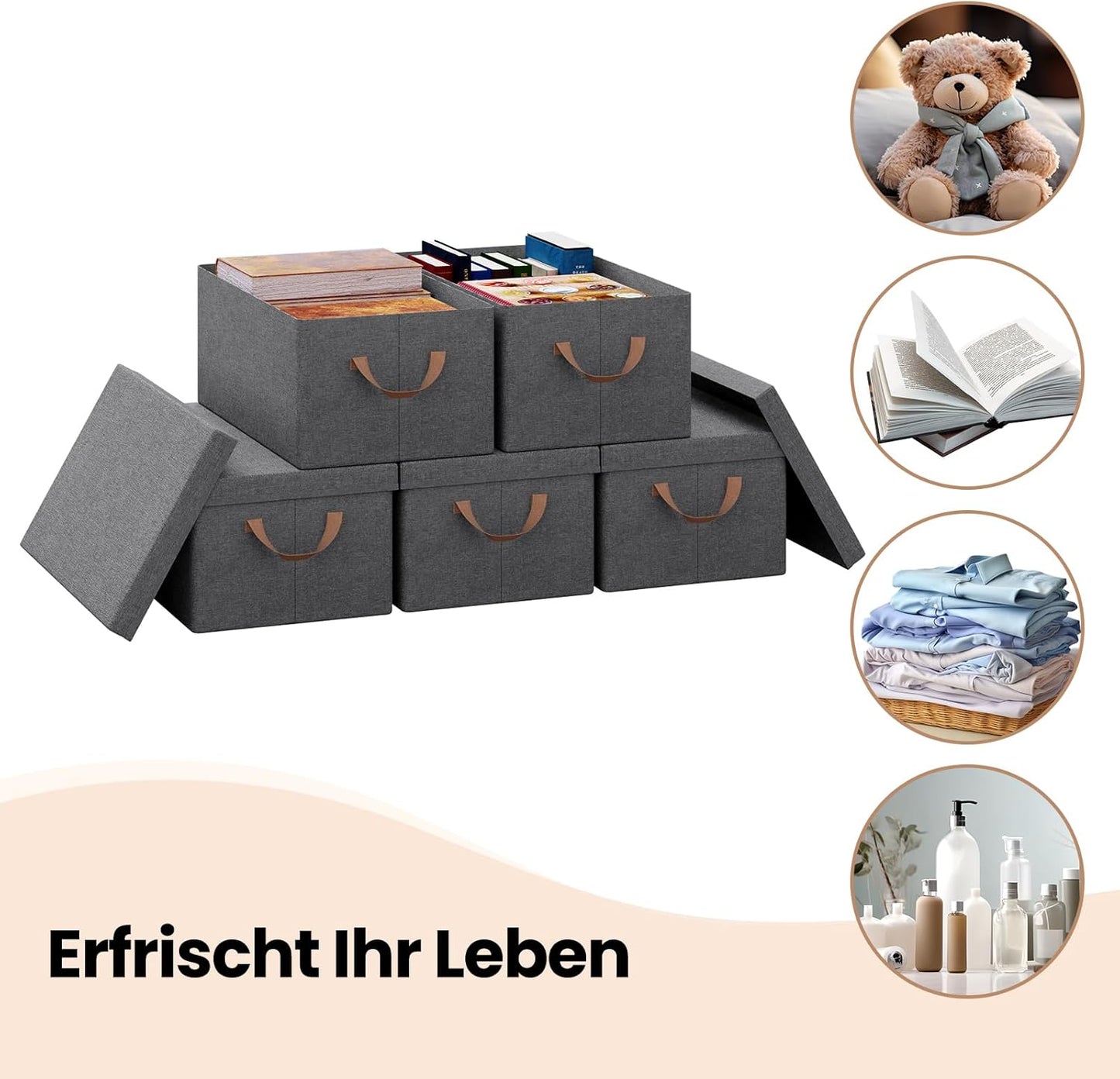 WOLTU opbergbox met deksel - set van 5 opbergdozen - inklapbaar - grijs - 38 x 27 x 20 cm