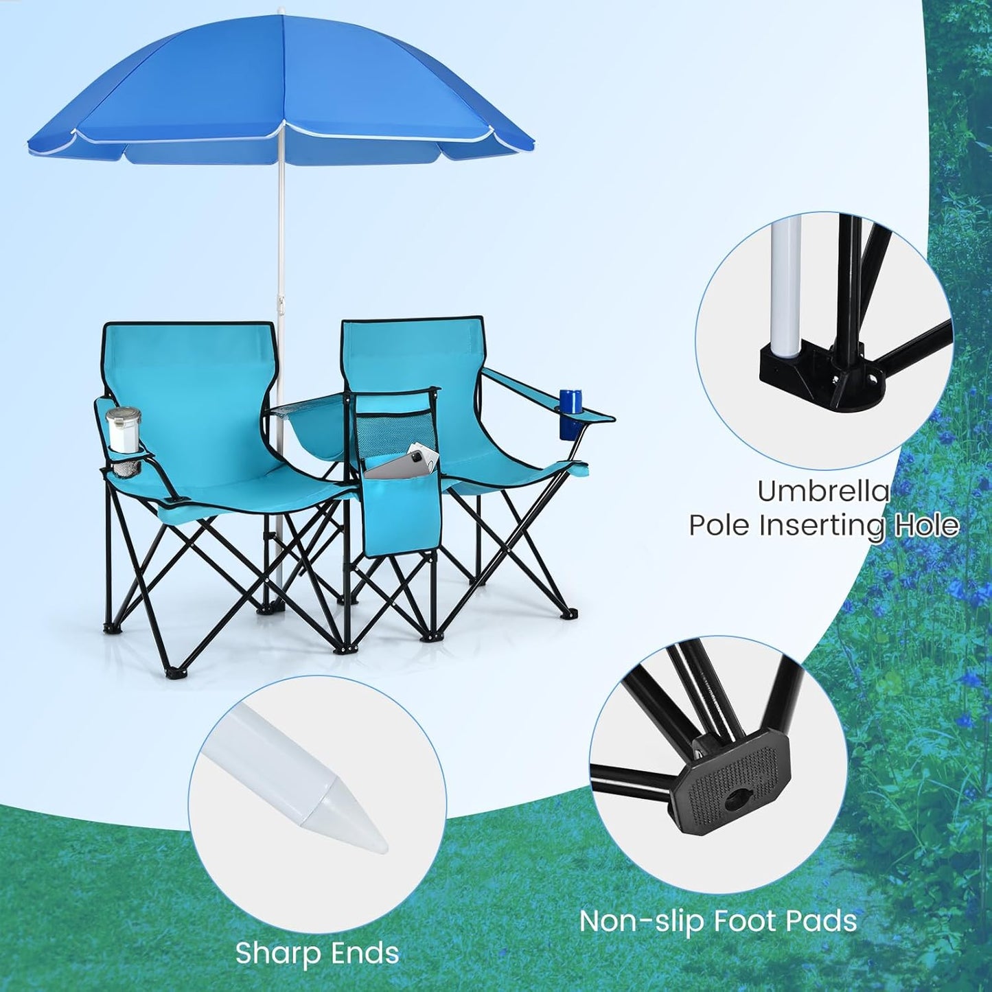Coast campingstoel met parasol dubbele vouwstoel met bekerhouder koeltas turquoise