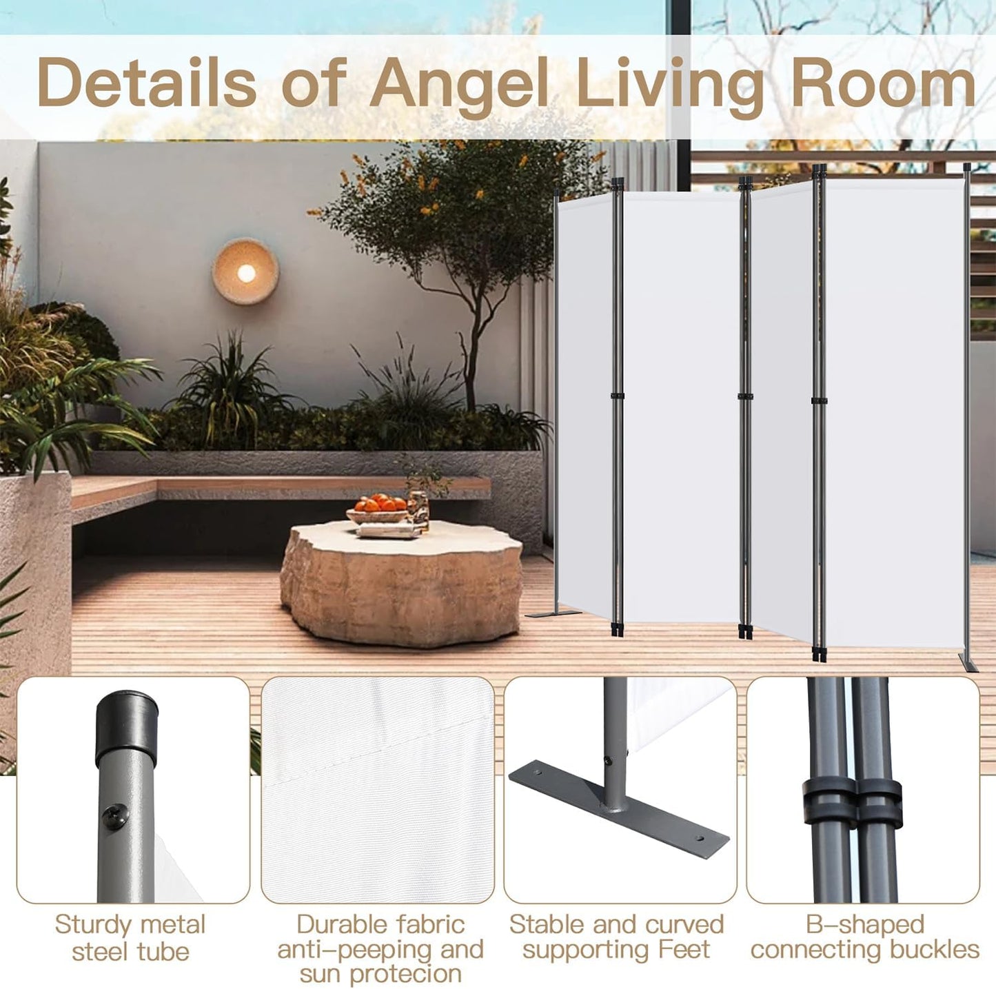 Angel Living Kamerscherm - 4-delig - 224x165 cm - Opvouwbaar - Staal & Polyester - Vrijstaand - Ruimteverdeler & Inkijkbescherming - Wit