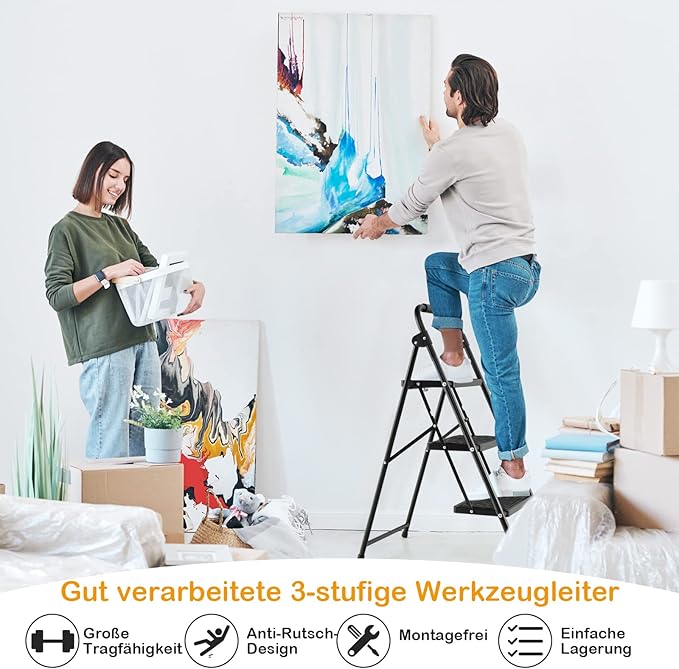 Coast Step Ladder met 3 niveaus opvouwbare klimhulp met niet -slip stappen 64 x 39 x 90 cm zwart