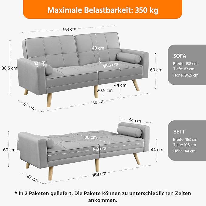 Yaheetech Slaapbank Lichtgrijs – 3-in-1 Inklapbare Bank met Verstelbare Rugleuning – Ligoppervlak 163 x 106 cm