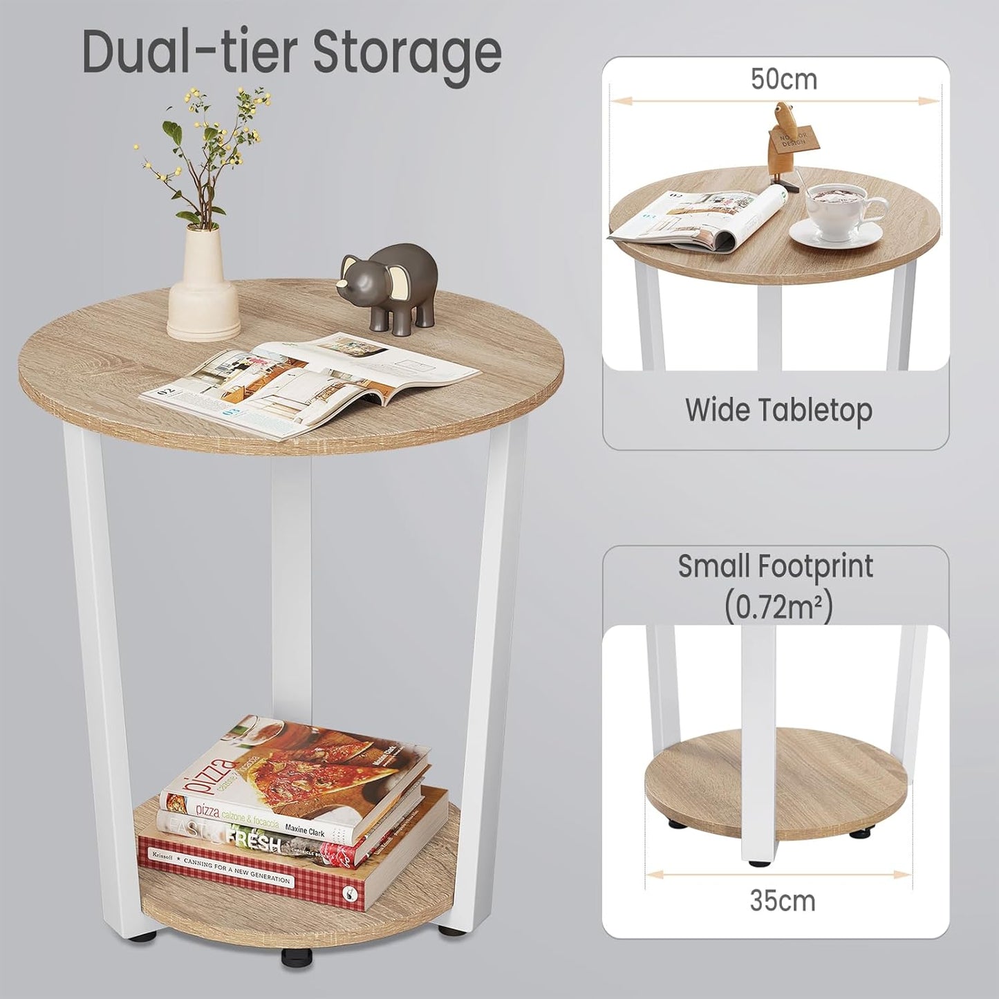 Woltu ronde salontafel - 50x50x53 cm - licht eiken – bijzettafel met 2 legplanken en opbergruimte
