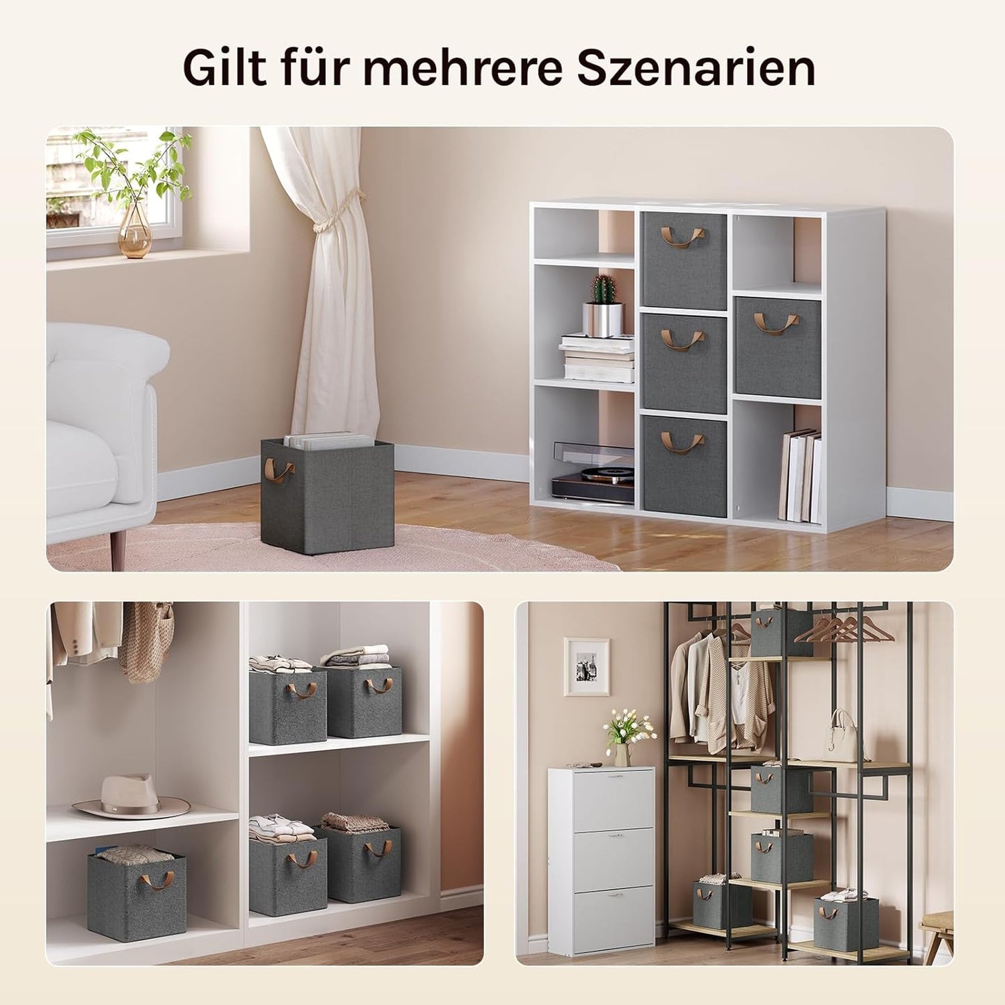 Woltu Opvouwbare Opbergboxen Set van 5 - Grijs - Met Handgrepen en Metalen Frame - 26 x 26 x 26,5 cm