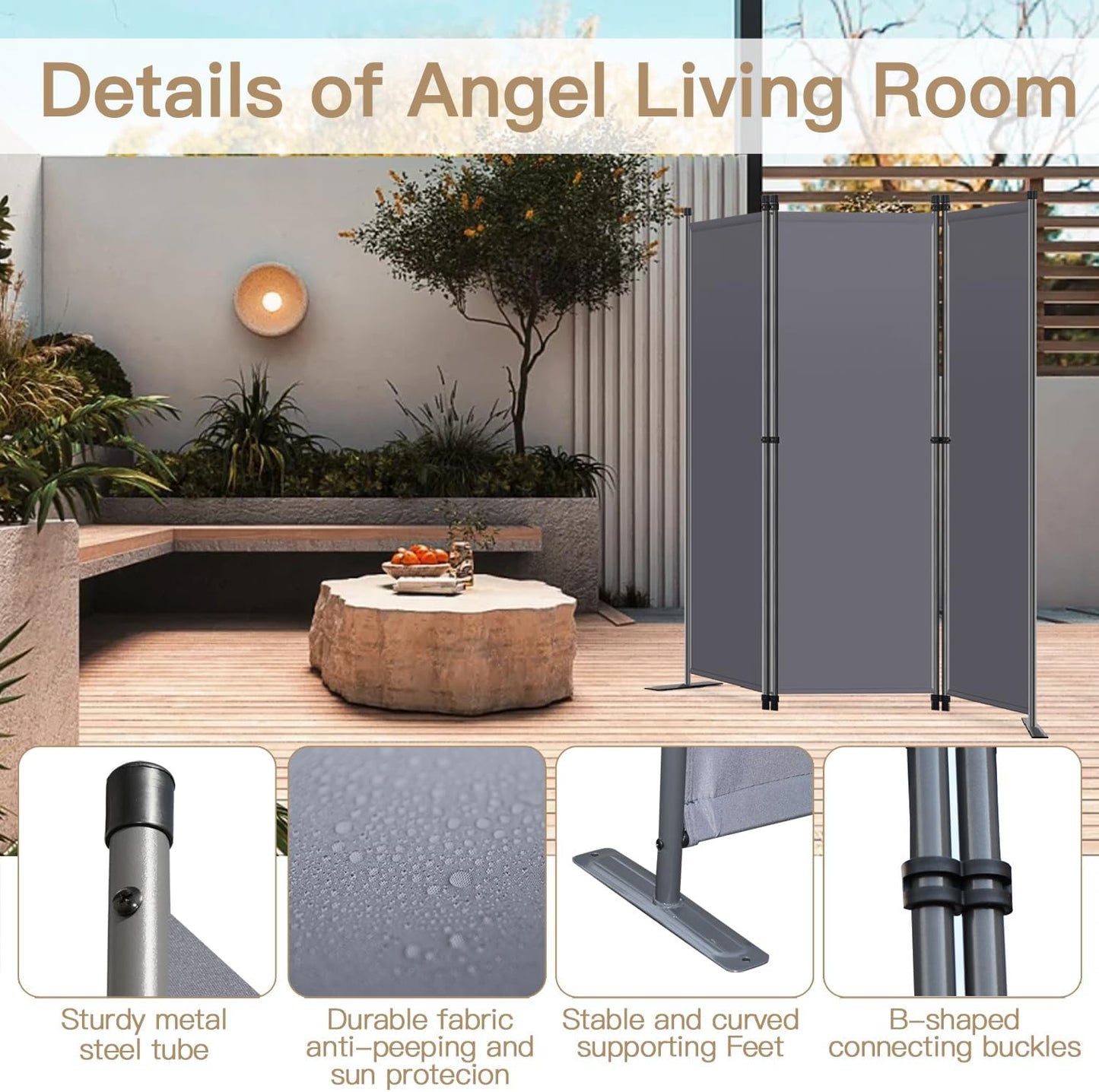 Angel Living Kamerscherm 3-delig – Stijlvolle Ruimteverdeler & Inkijkbescherming – Stevig Staal Frame – Polyester Doek – Grijs