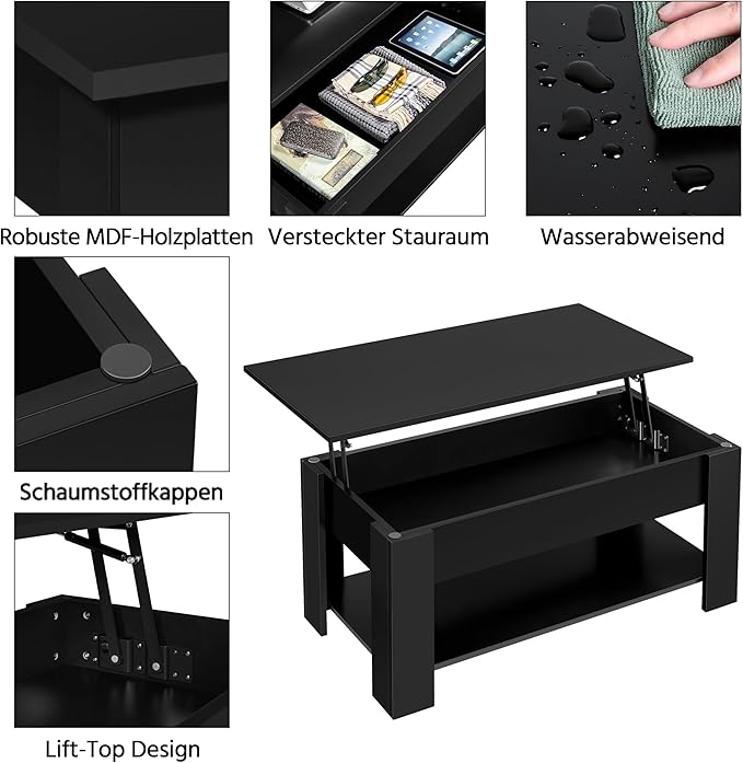 Yaheetech Salontafel met Lift-Top – Zwart – In Hoogte Verstelbaar met Verborgen Opbergruimte