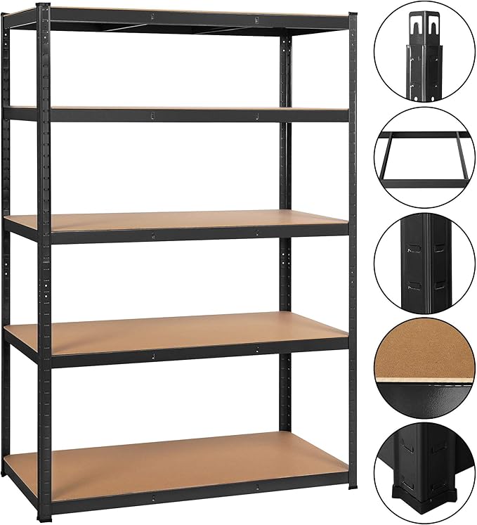 Yaheetech Heavy Duty Opbergrek - 180x120x60 cm - 5 Verstelbare Planken - 875 kg - Zwart