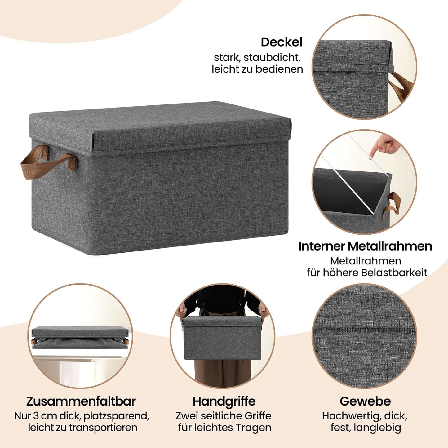 WOLTU opbergbox met deksel - set van 5 opbergdozen - inklapbaar - grijs - 38 x 27 x 20 cm