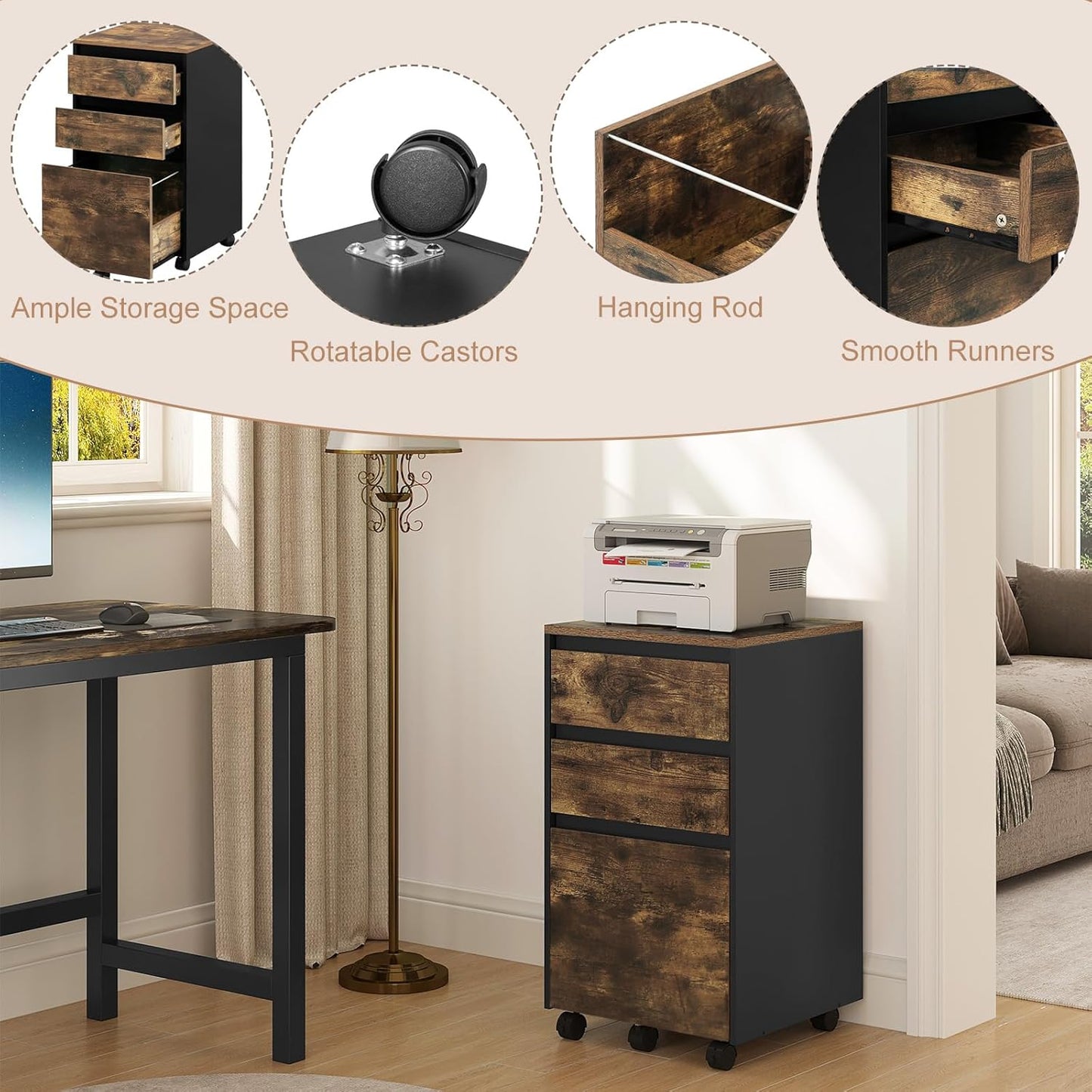 Woltu Mobiele Archiefkast – Rolcontainer met 3 Laden en Wielen – Industrieel Donker Eiken/Zwart – 40 x 40 x 70 cm