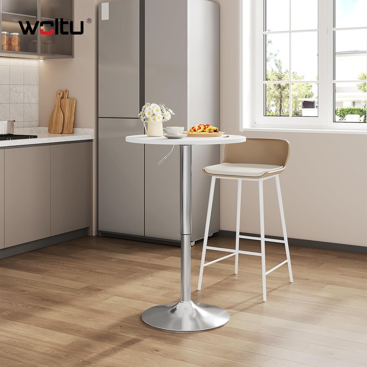 Woltu BT02ws Bartafel verstelbaar - Rond 60x60 cm - Hoogte 68-88 cm - Wit