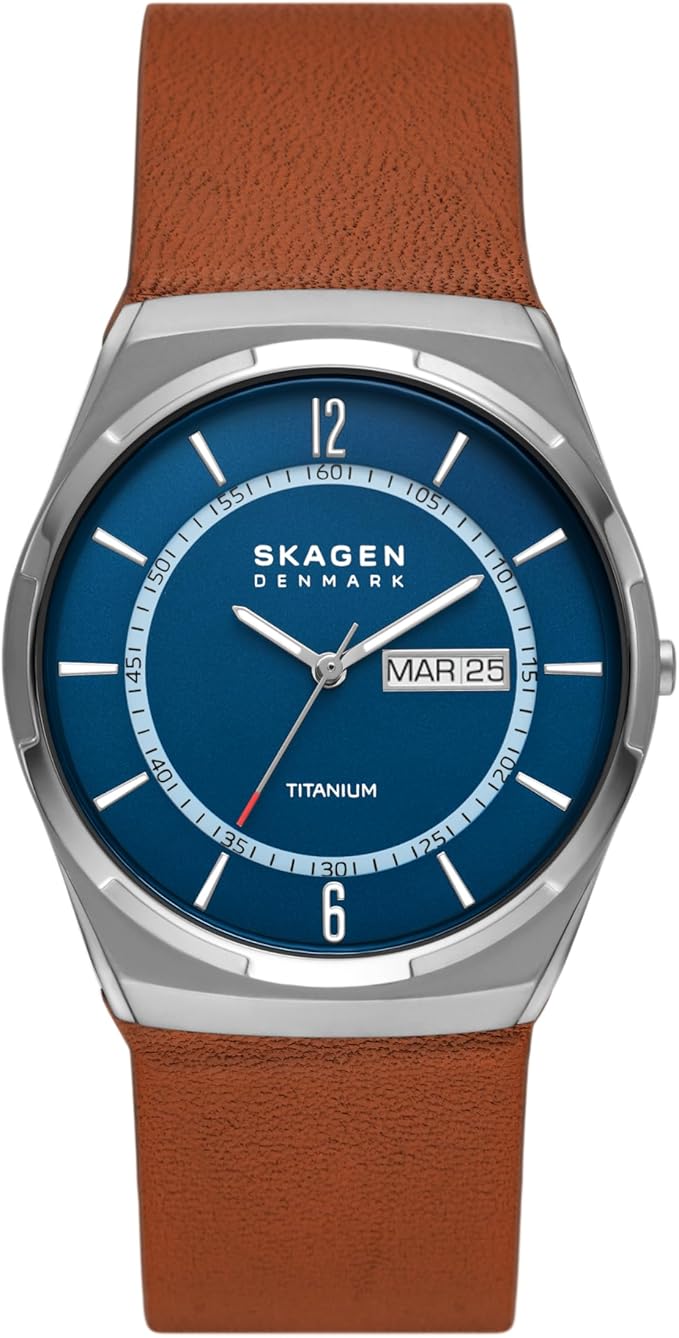 Skagen Melbye Titanium 40 mm - Grijze titanium kast - Blauwe wijzerplaat - Bruine leren band
