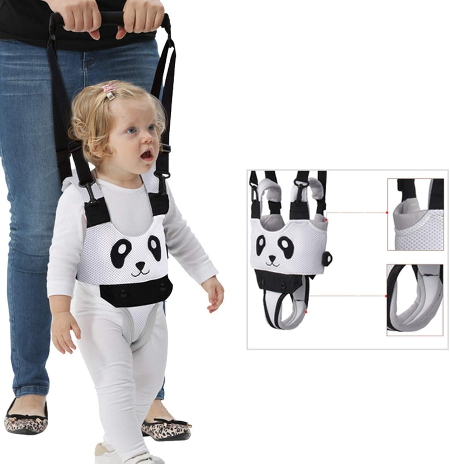 Yolispa Baby Walking Assistant Loop- en Stapharnas voor Peuters – Verstelbaar – Zwart/Wit Panda – 250 g – Verstelbare maat (borstomvang ca. 50–75 cm)