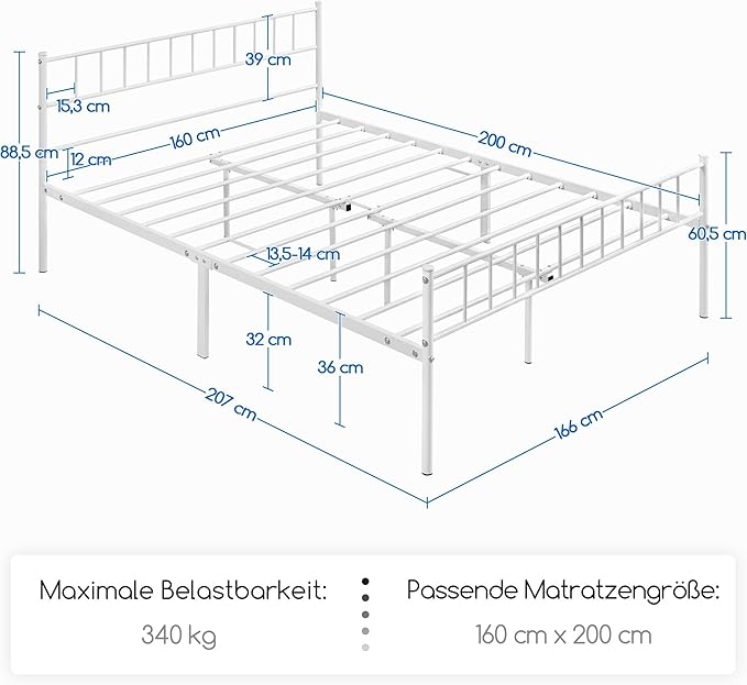 Yaheetech Metalen Bed 160 x 200 cm – Wit – 200 x 166 x 88,5 cm – Met Hoofd- en Voetbord