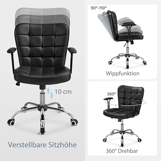 Yaheetech Bureaustoel - Ergonomisch - Verstelbaar - Met Afneembare Armleuningen - Zwart
